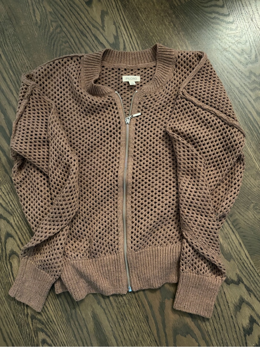 Pilcro Open-Weave Zip Cardigan in Taupe Brown